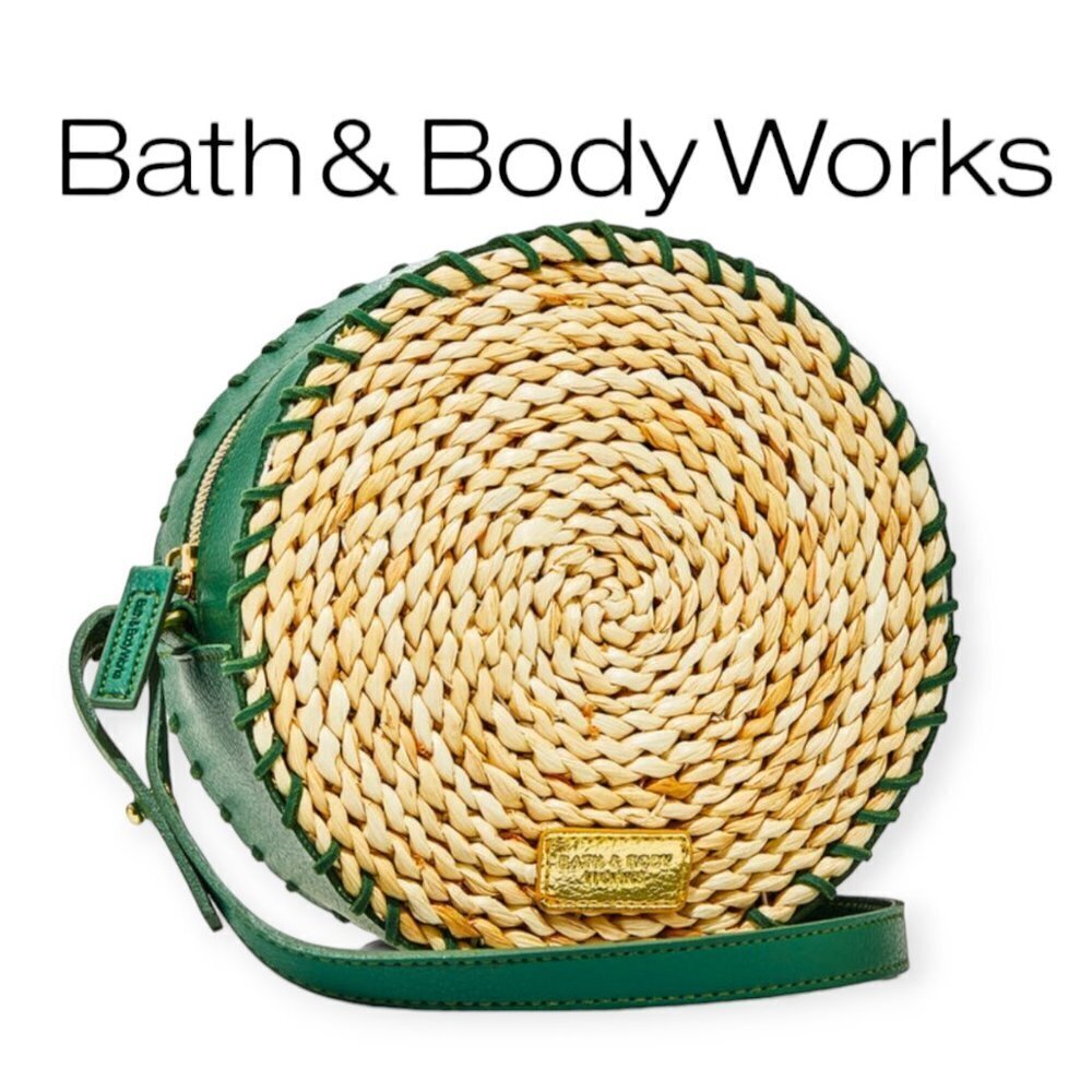 Bath & Body Works Round Woven Crossbody Bag Green Trim Summer Beach Purse NWT
